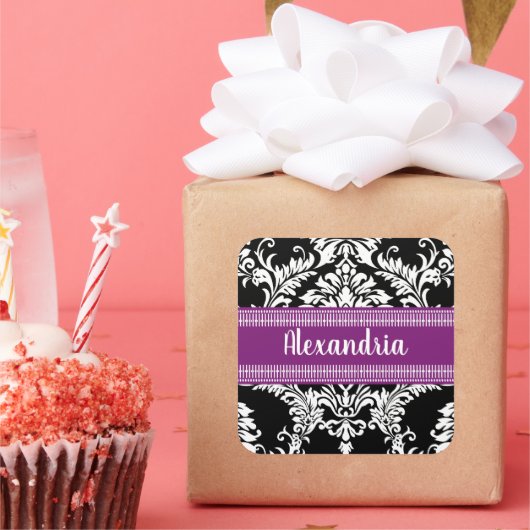 紫エレガントアクセント付き白黒ダマスク スクエアシール (パーティー)