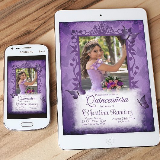 紫エレガントキンセアニェラファンシーつる植物写真縁ど 招待状