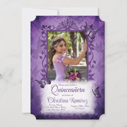 紫エレガントキンセアニェラファンシーつる植物写真縁ど 招待状 (正面)