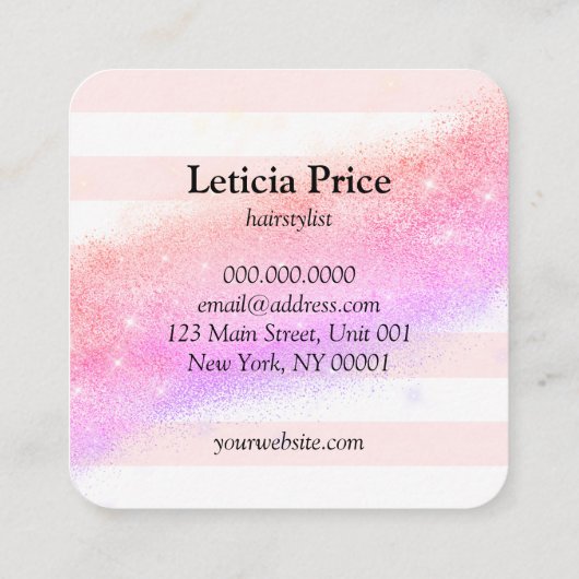 紫エレガントグラデーション色のグリッターストライプ毛 スクエア名刺 (裏面)