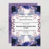 紫エレガントグリッターフローラネイビー結婚ズ 招待状 (正面/裏面)