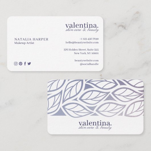 紫エレガントグリッターリーフパターン美しいメイクアップ 名刺 (正面/裏面)