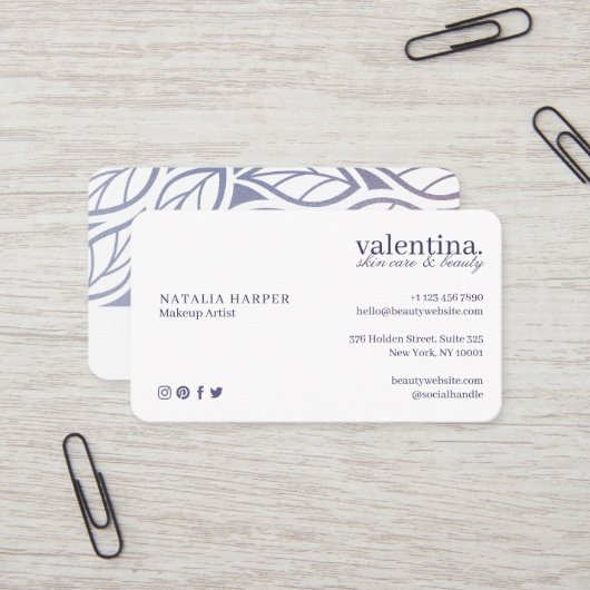 紫エレガントグリッターリーフパターン美しいメイクアップ 名刺 (正面/裏面インサイチュ)