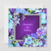 紫エレガントシルバージュエルフラワーズ21歳の誕生日 招待状 (正面)