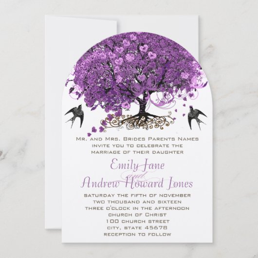 紫エレガントハートリーフ結婚の木 招待状 (正面)