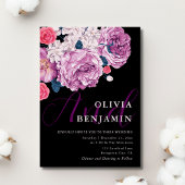 紫エレガントバラ書道ブラック結婚ズ 招待状