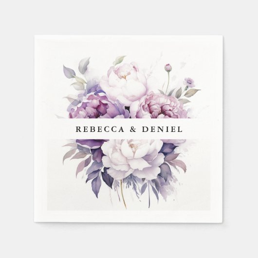 紫エレガントバラ水彩フローラ結婚ズ スタンダードカクテルナプキン (正面)