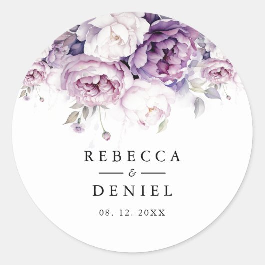 紫エレガントバラ水彩フローラ結婚ズ ラウンドシール (正面)