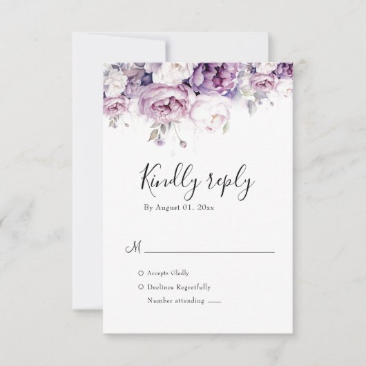 紫エレガントバラ水彩フローラ結婚ズ 出欠カード (正面)