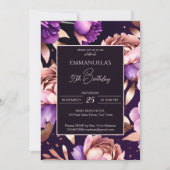 紫エレガントバラ金ゴールドフローラ誕生日テンプレート 招待状 (正面)
