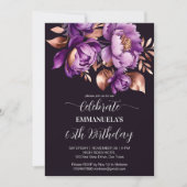 紫エレガントバラ金ゴールドフローラ誕生日テンプレート 招待状 (正面)