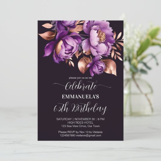 紫エレガントバラ金ゴールドフローラ誕生日テンプレート 招待状 (スタンド正面)