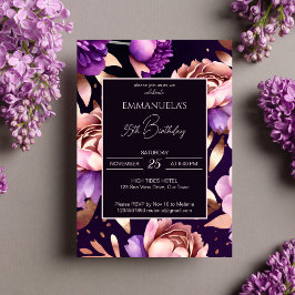 紫エレガントバラ金ゴールドフローラ誕生日テンプレート 招待状