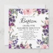紫エレガントピかわいらしンクフローラスクエアバプテスマ 招待状 (正面)
