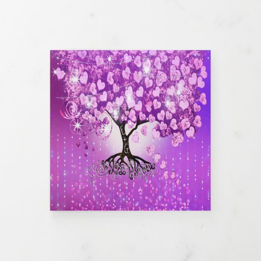 紫エレガントピンクハートリーフ結婚ツリー 三つ折り招待状 (カバー)