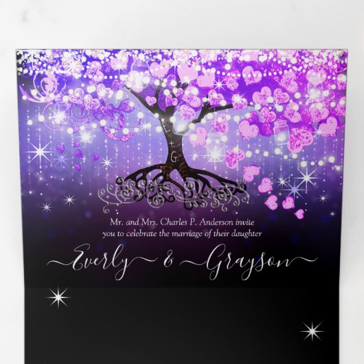 紫エレガントピンクハートリーフ結婚ツリー 三つ折り招待状 (内部最初)