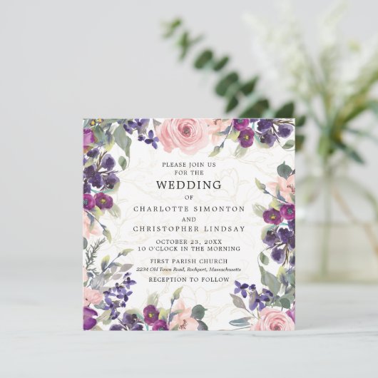 紫エレガントピンクフローラスクエア結婚ズ 招待状 (スタンド正面)