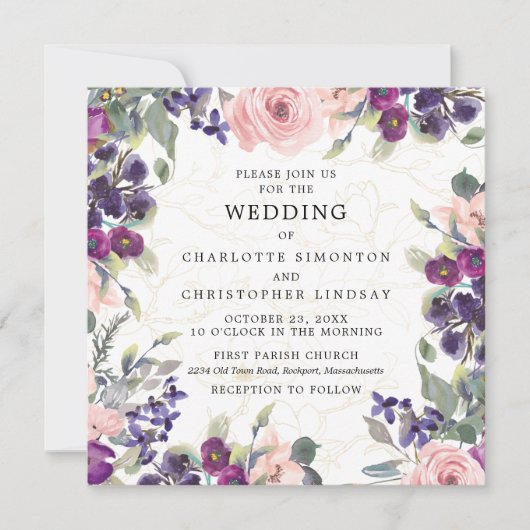 紫エレガントピンクフローラスクエア結婚ズ 招待状 (正面)