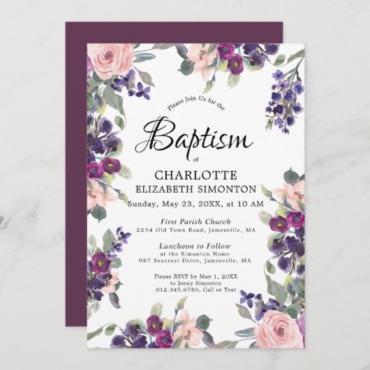 紫エレガントピンクフローラバプテスマ 招待状 (正面/裏面)