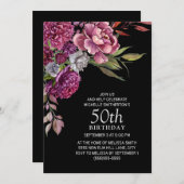 紫エレガントピンクフローラブラック50誕生日 招待状 (正面/裏面)