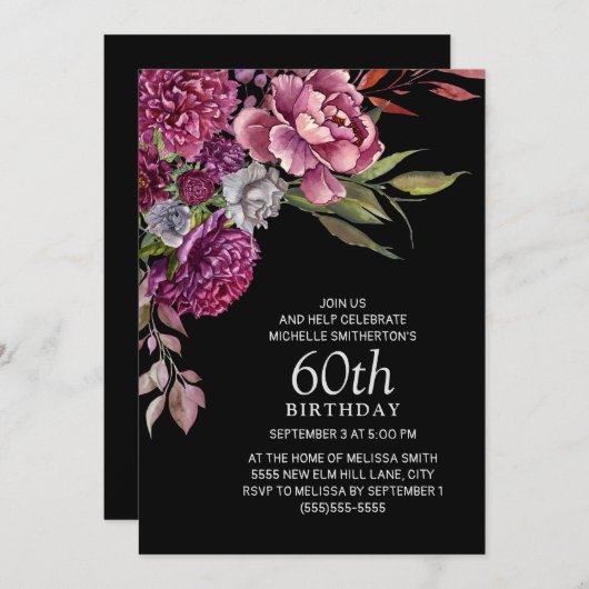 紫エレガントピンクフローラブラック60誕生日 招待状 (正面/裏面)