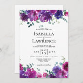 紫エレガントピンクフローラ水の色結婚の 招待状 (正面/裏面)
