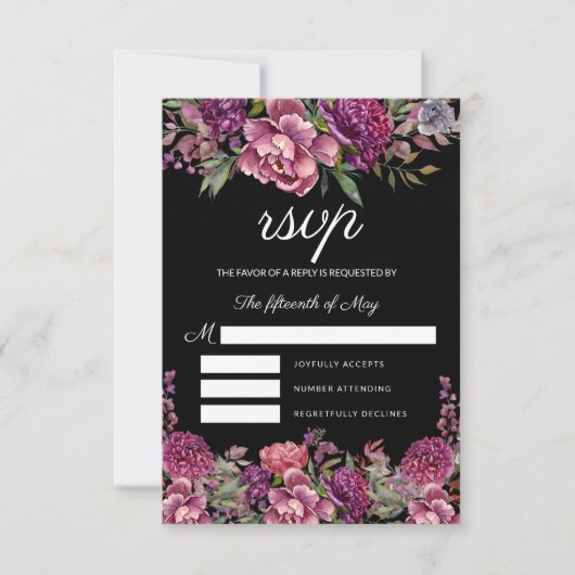 紫エレガントピンクフローラ緑ブラック結婚ズ 出欠カード (正面)