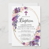 紫エレガントピンクフローラ金ゴールドフレーム洗礼 招待状 (正面)