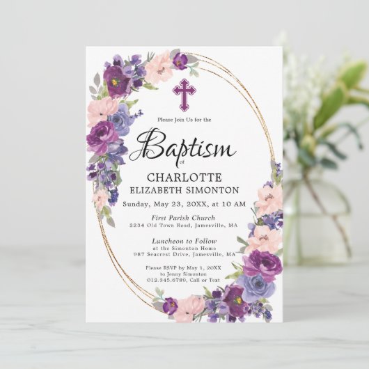 紫エレガントピンクフローラ金ゴールドフレーム洗礼 招待状 (スタンド正面)