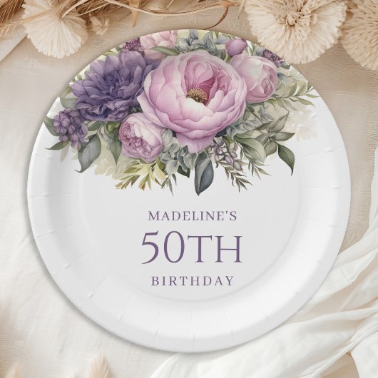 紫エレガントピンクフローラ50誕生日 ペーパープレート
