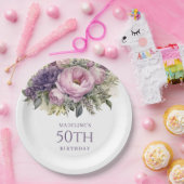 紫エレガントピンクフローラ50誕生日 ペーパープレート (パーティー)