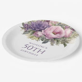 紫エレガントピンクフローラ50誕生日 ペーパープレート (アングル)