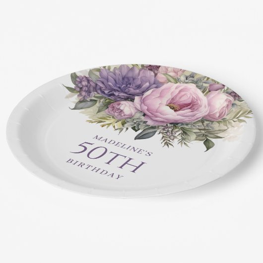 紫エレガントピンクフローラ50誕生日 ペーパープレート (アングル)