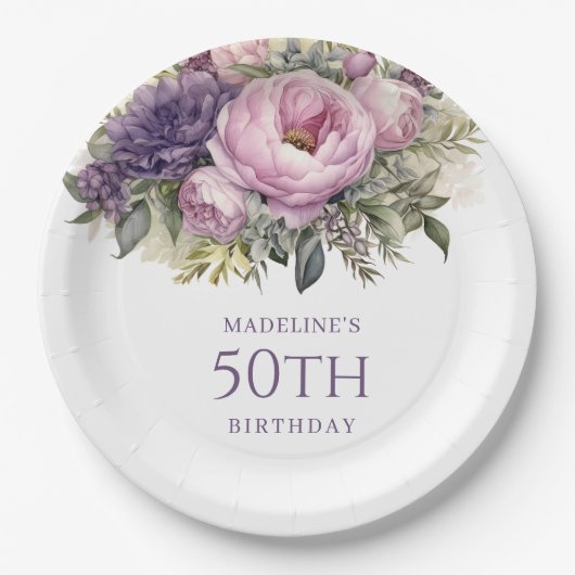紫エレガントピンクフローラ50誕生日 ペーパープレート (正面)