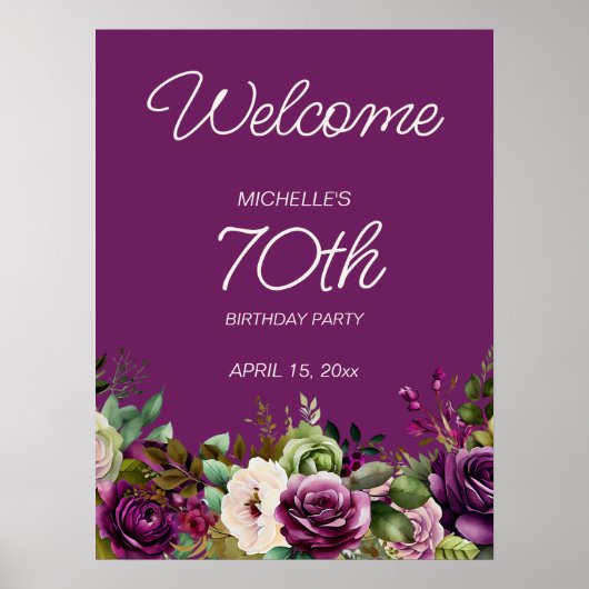 紫エレガントピンクフローラ70誕生日 ポスター (正面)