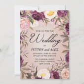 紫エレガントピンク牡丹結婚のフローラ 招待状 (正面)