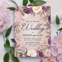 紫エレガントピンク牡丹結婚のフローラ 招待状