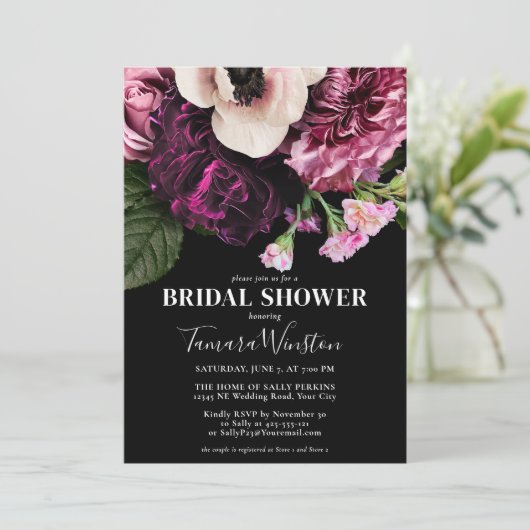 紫エレガントピンク白フローラブラックシャワー 招待状 (スタンド正面)