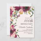 紫エレガントピンク金ゴールドフローラ100誕生日 招待状 (正面)