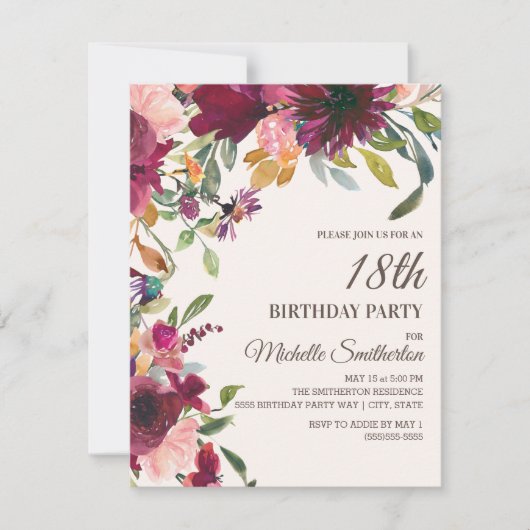 紫エレガントピンク金ゴールドフローラ18誕生日 招待状 (正面)