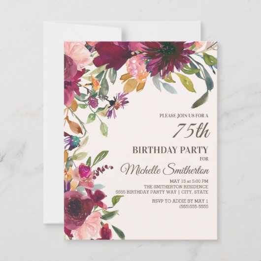 紫エレガントピンク金ゴールドフローラ75th誕生日 招待状 (正面)
