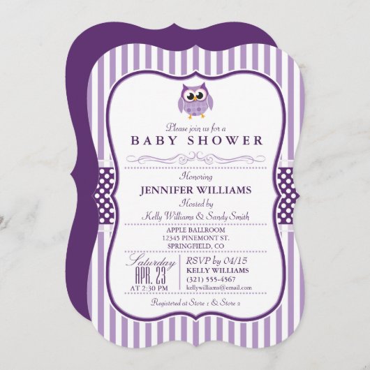 紫エレガントフクロウ赤ちゃんシャワー招待状 招待状 (正面/裏面)