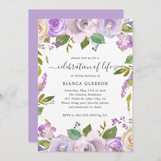 紫エレガントフローラお祝い 招待状 (正面/裏面)