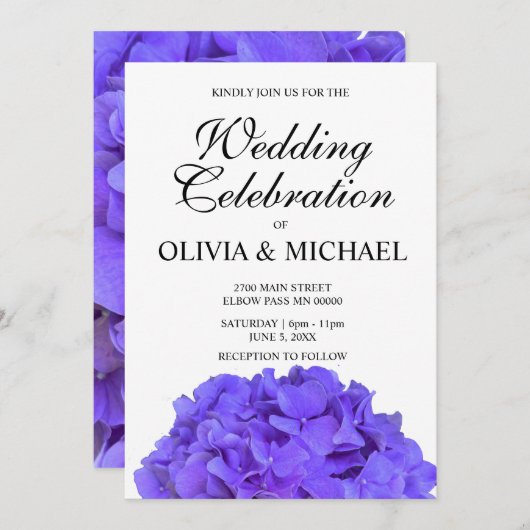 紫エレガントフローラアジサイ結婚ア 招待状 (正面/裏面)