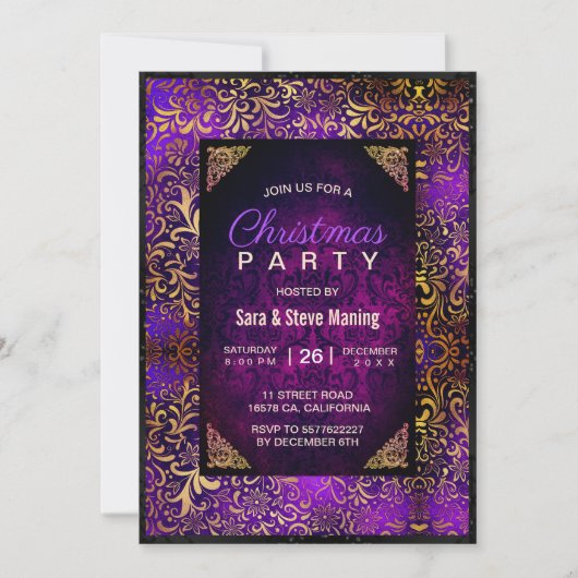 紫エレガントフローラダマスクフェイク金ゴールド 招待状 (正面)
