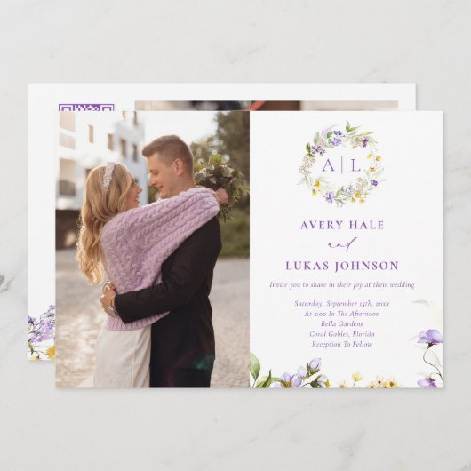 紫エレガントフローラモノグラム結婚写真 招待状 (正面/裏面)
