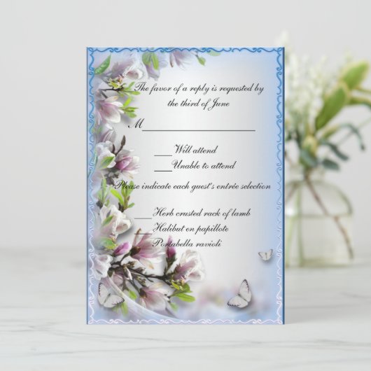 紫エレガントフローラ及び蝶の応答カード 招待状 (スタンド正面)