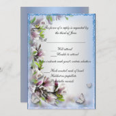 紫エレガントフローラ及び蝶の応答カード 招待状 (正面/裏面)