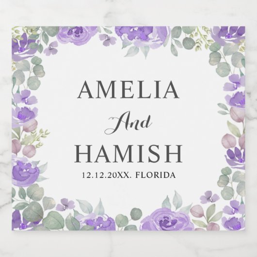 紫エレガントフローラ水の色結婚の スパークリングワインラベル (シングルラベル)