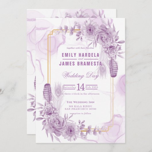 紫エレガントフローラ水カラーバジェット結婚ズ 招待状 (正面/裏面)